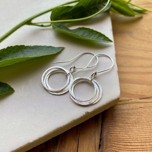 30th Birthday Earrings, Sterling Silver 3 Circles Small Hoops, Sparkly Textured Flat 3 Rings for 3 Decades, Elegant Birthday Gift for Her