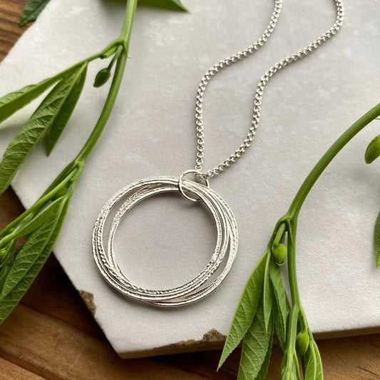 Sterling Silver 50th Birthday Necklace Gift for Woman turning Fifty with 5 rings for 5 decades, elegant high quality milestone jewelry birthday present