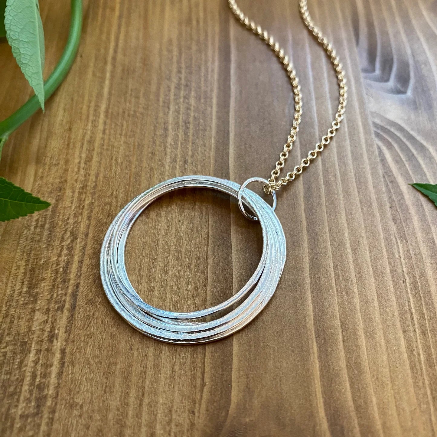 Large Circle Pendant Gold & Silver 50th Birthday Necklace Gift for Woman turning Fifty with 5 rings for 5 decades, elegant high quality milestone jewelry birthday present