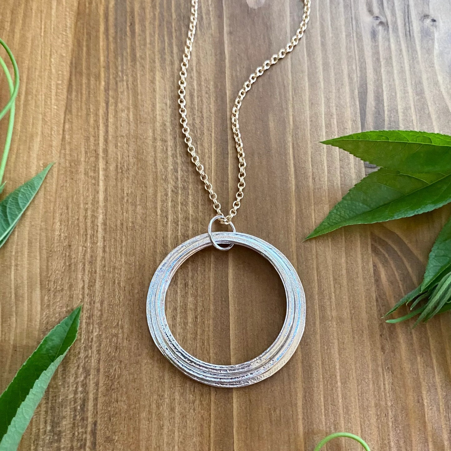 Large Circle Pendant Gold & Silver 60th Birthday Necklace Gift for Woman turning Sixty with 6 rings for 6 decades