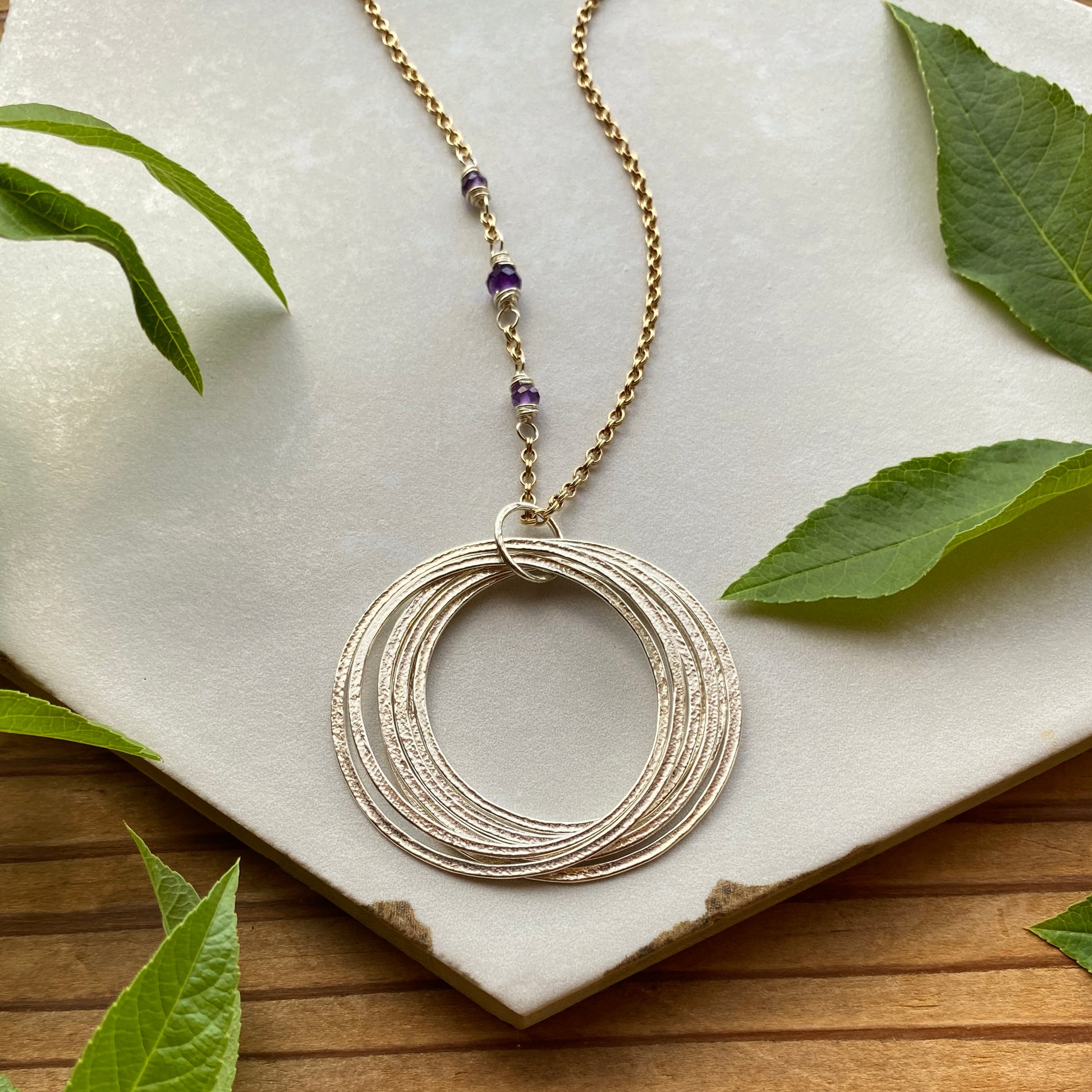 70th Birthday Silver & Gold Gemstone 7 circle necklace