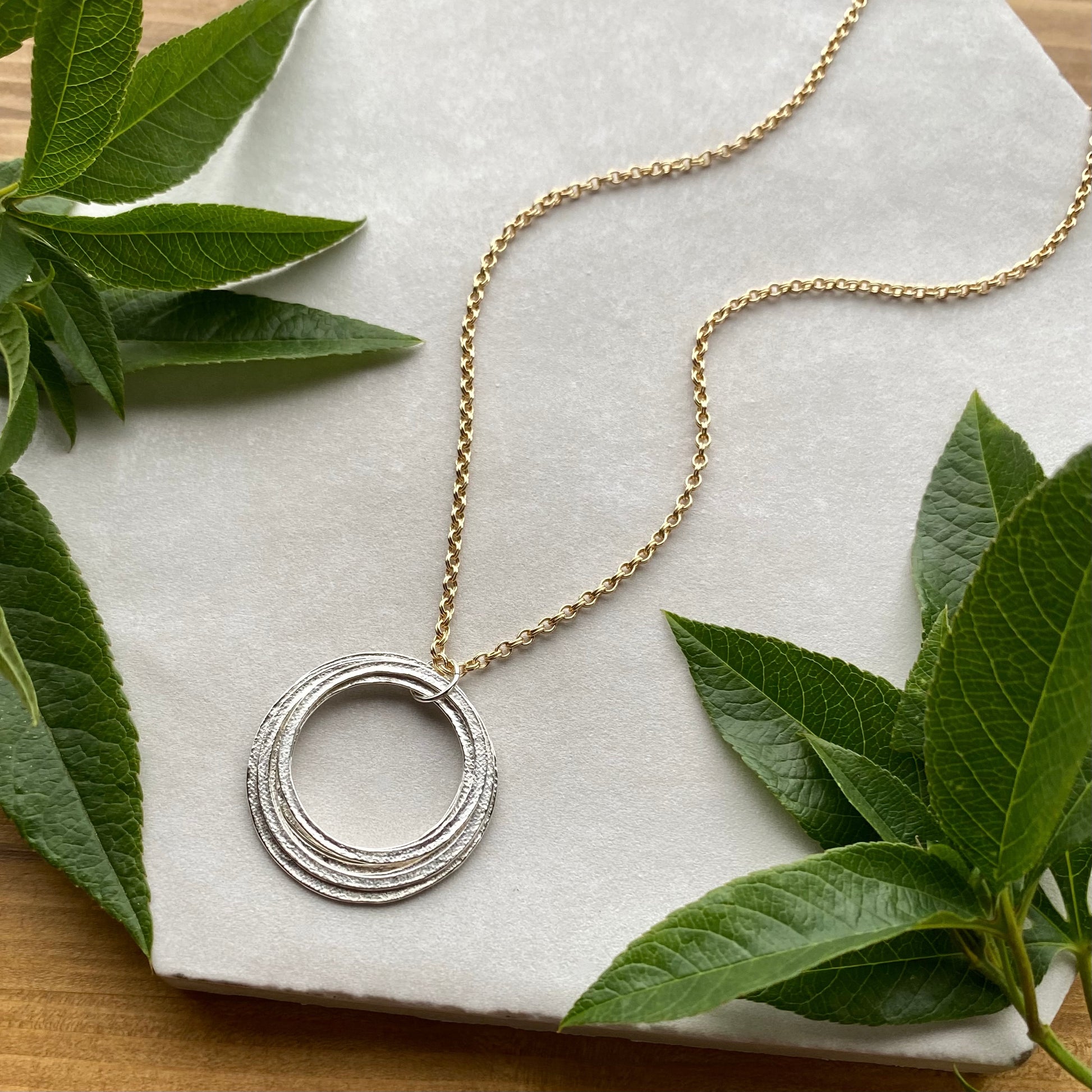 Gold & Silver 70th Birthday Necklace Gift for Woman Turning Seventy with 7 rings for 7 decades silver circles pendant, high quality milestone jewelry