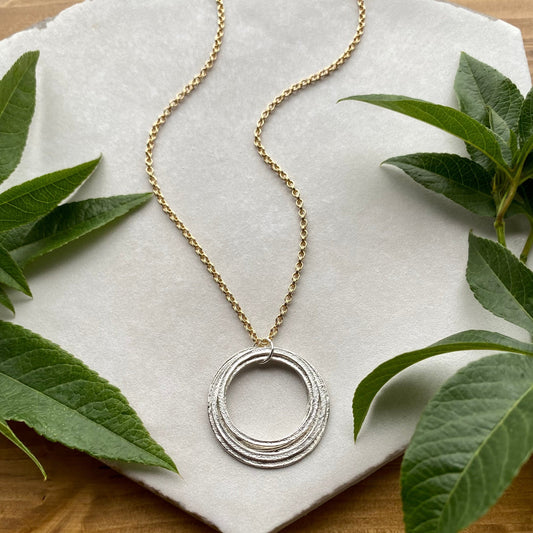Gold & Silver 70th Birthday Necklace Gift for Woman Turning Seventy with 7 rings for 7 decades silver circles pendant, high quality milestone jewelry