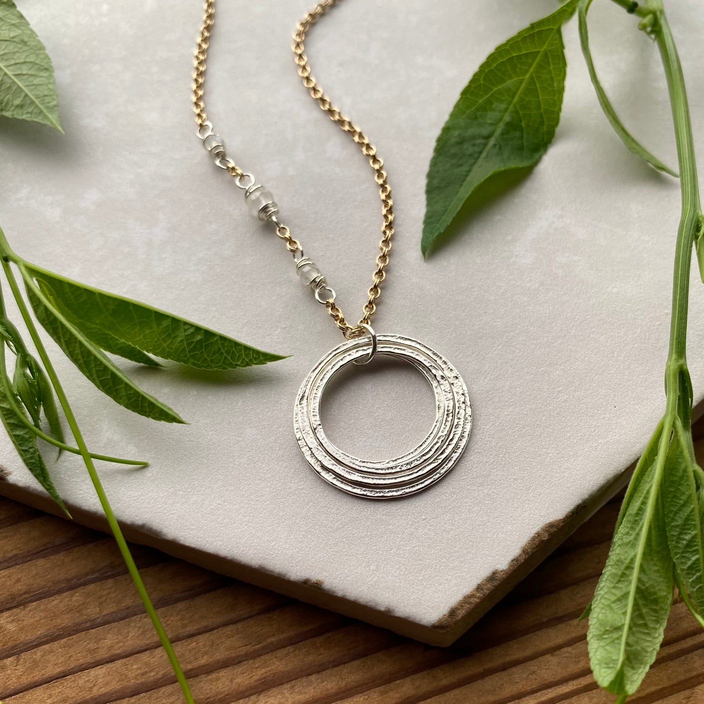 Elegant 50th Birthday Necklace, Handmade Sterling Silver 5 Circles Pendant on 14K Gold Fill Chain