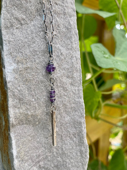 silver bar amethyst pendant necklace