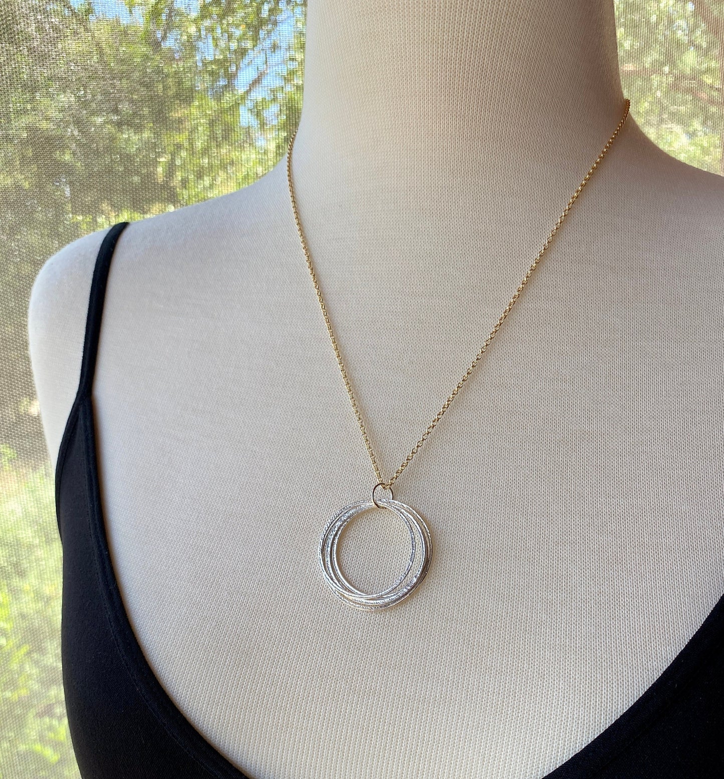 Large Circle Pendant Gold & Silver 50th Birthday Necklace Gift for Woman turning Fifty with 5 rings for 5 decades, elegant high quality milestone jewelry birthday present