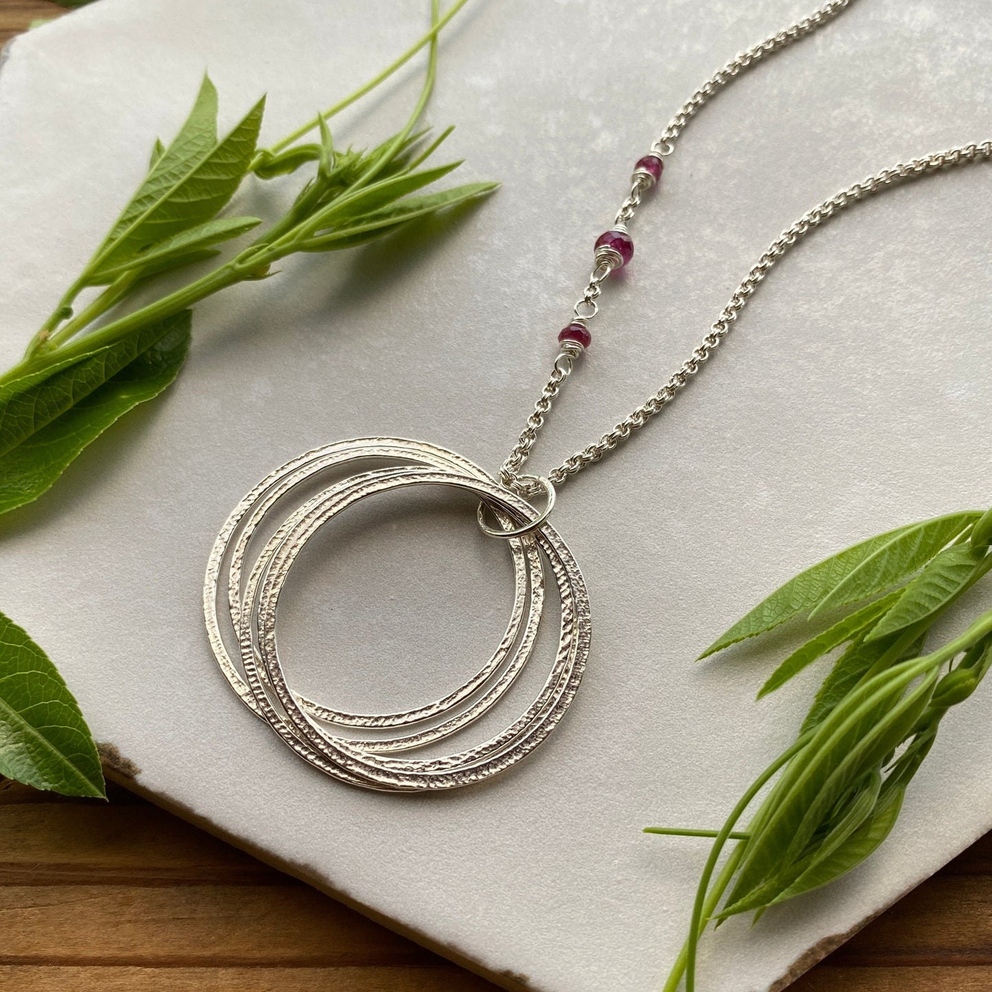 Large Circle Pendant Sterling Silver 50th Birthday Birthstone Necklace Gift for Woman turning Fifty with 5 rings for 5 decades, elegant high quality milestone jewelry birthday present
