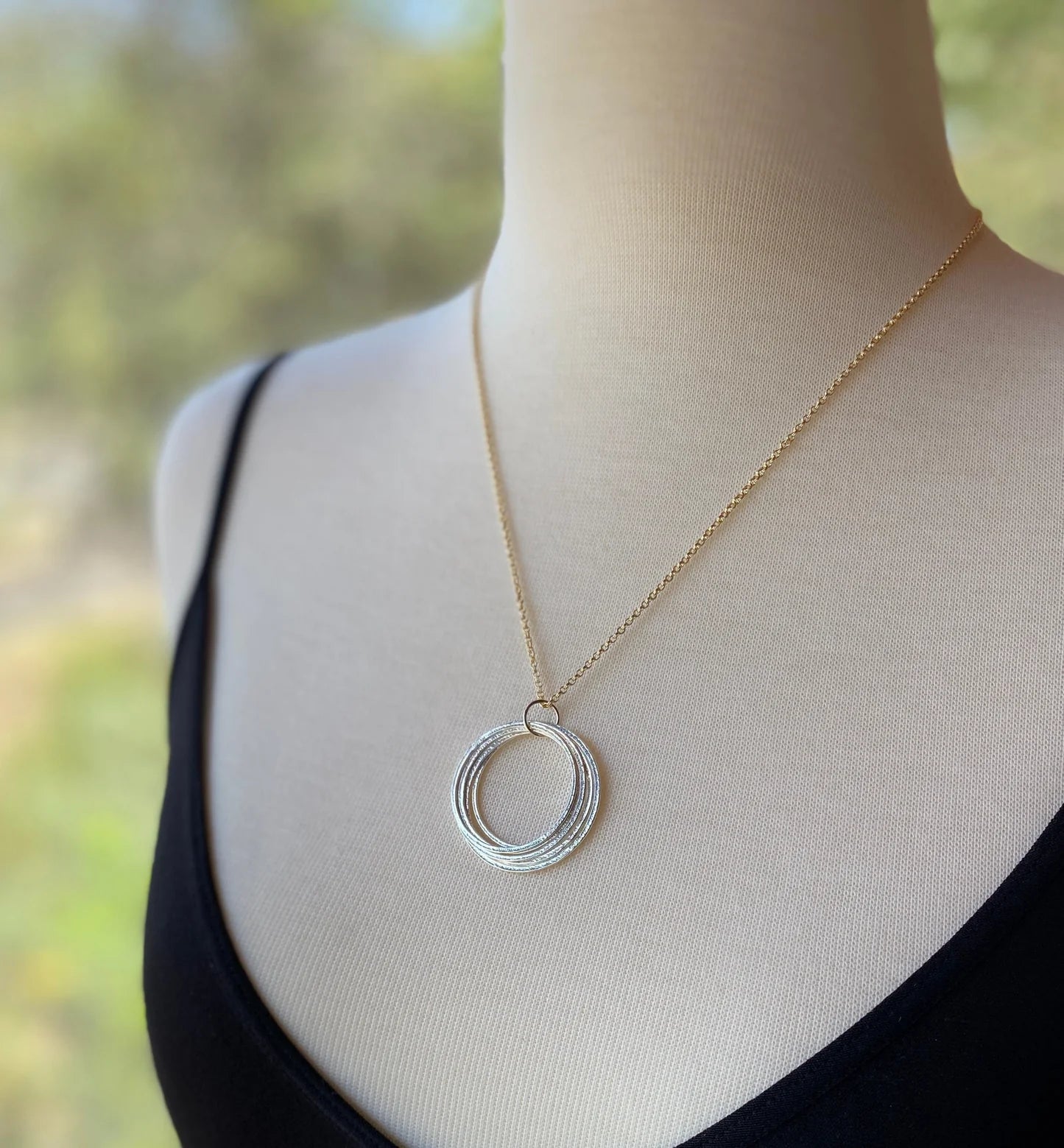 Large Gold & Silver 70th Birthday Necklace Gift for Woman Turning Seventy with 7 rings for 7 decades silver circles pendant, high quality milestone jewelry
