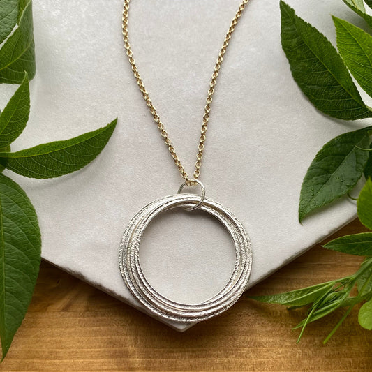 Large Gold & Silver 70th Birthday Necklace Gift for Woman Turning Seventy with 7 rings for 7 decades silver circles pendant, high quality milestone jewelry
