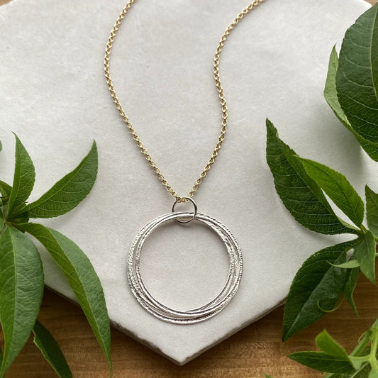 Large Silver & Gold Mixed Metal 30th Birthday Necklace Gift for Woman Turning Thirty with 3 rings for 3 decades silver circles pendant, high quality milestone jewelry