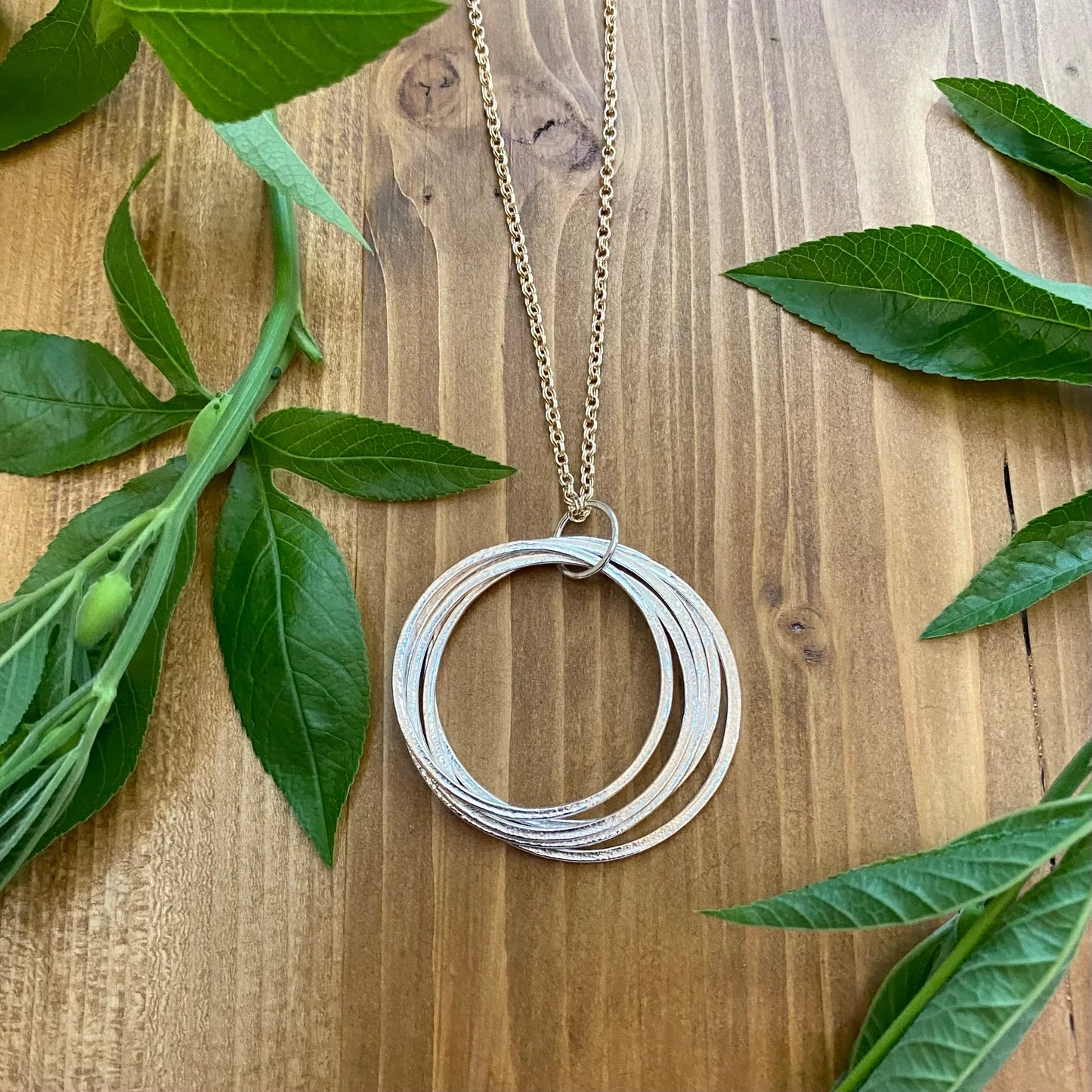Large Silver & Gold Mixed Metal 50th Birthday Necklace Gift for Woman Turning Fifty with 5 rings for 5 decades silver circles pendant, high quality milestone jewelry