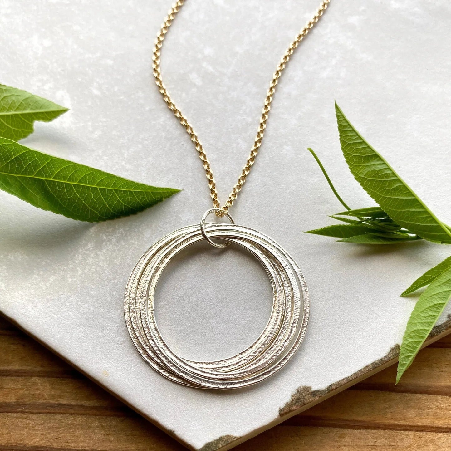 Large Gold & Silver 70th Birthday Necklace Gift for Woman Turning Seventy with 7 rings for 7 decades silver circles pendant, high quality milestone jewelry
