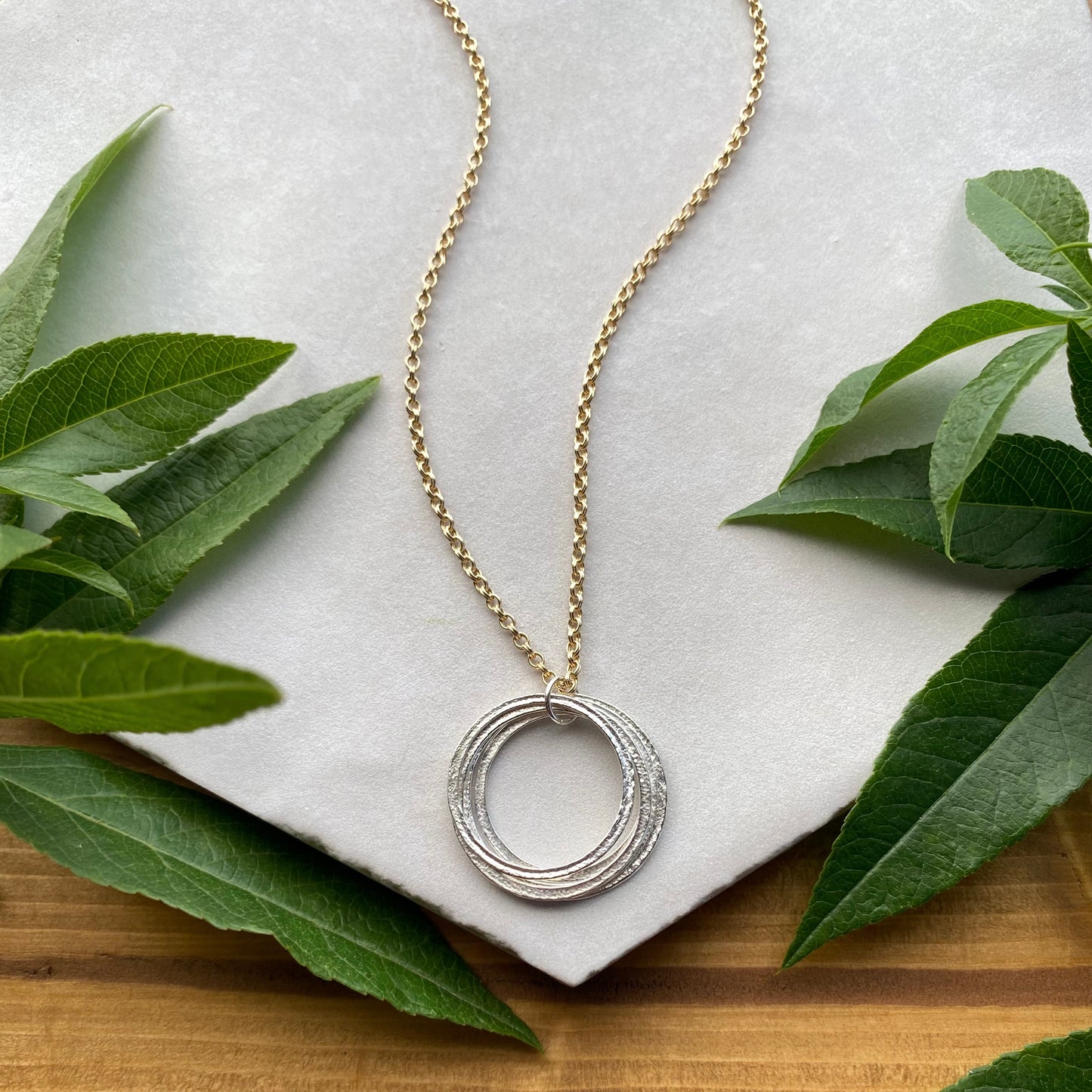 Silver & Gold Mixed Metal 50th Birthday Necklace Gift for Woman Turning Fifty with 5 rings for 5 decades layered sterling silver circles pendant, high quality milestone jewelry
