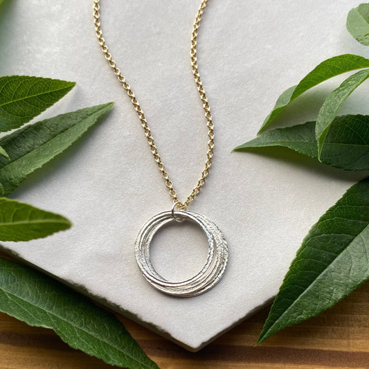 Silver & Gold Mixed Metal 50th Birthday Necklace Gift for Woman Turning Fifty with 5 rings for 5 decades layered sterling silver circles pendant, high quality milestone jewelry
