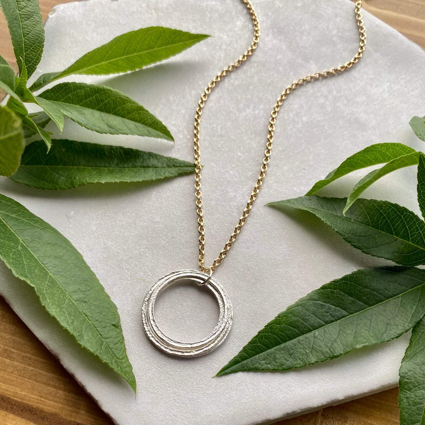 Silver & Gold Mixed Metal 50th Birthday Necklace Gift for Woman Turning Fifty with 5 rings for 5 decades layered sterling silver circles pendant, high quality milestone jewelry
