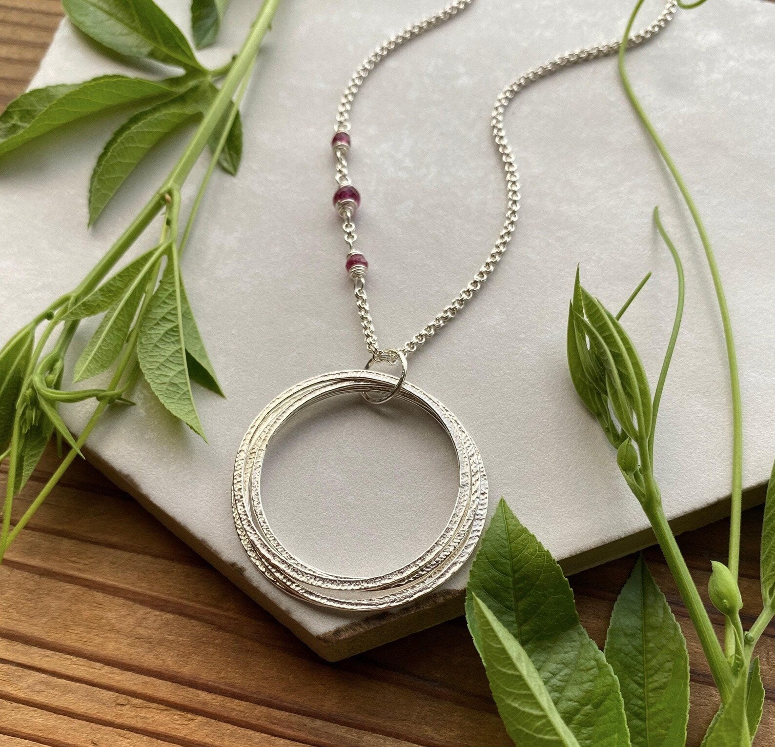 Sterling Silver 50th Birthday Necklace Gift for Woman Turning Fifty, Handmade 5 Rings for 5 Decades Silver Circles Pendant with Birthstones