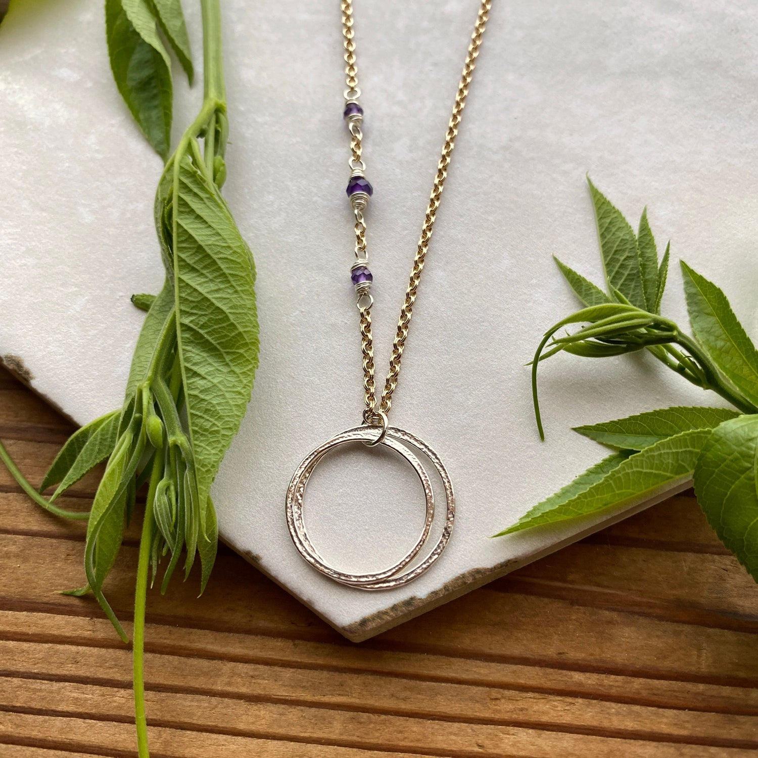 20th Birthday Mid Size Necklace with Birthstones, Mixed Metal Sparkly Circles 2 Rings for 2 Decades Elegant Milestone, Sisters Friends Love