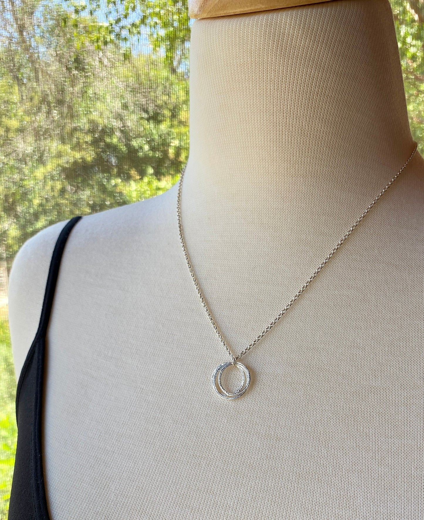 30th Birthday Sterling Silver Minimalist 3 Ring Pendant Necklace, Handcrafted Layered Sparkly Perfectly Imperfect Circles 3 Decades