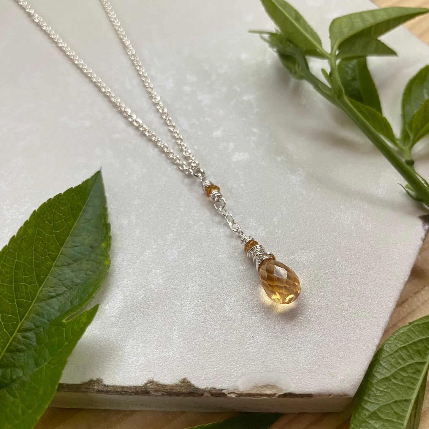 Citrine Pendant Necklace, Dainty Sterling Silver Yellow Gemstone Teardrop Necklace, November Birthstone Citrine Jewelry, Simple Boho Style