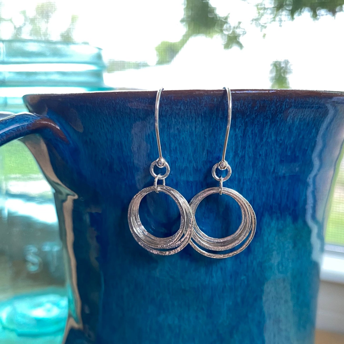 50th Birthday Earrings, Sterling Silver 5 Circles Small Hoops, Sparkly Textured Flat 5 Rings for 5 Decades, Elegant Birthday Gift for Her