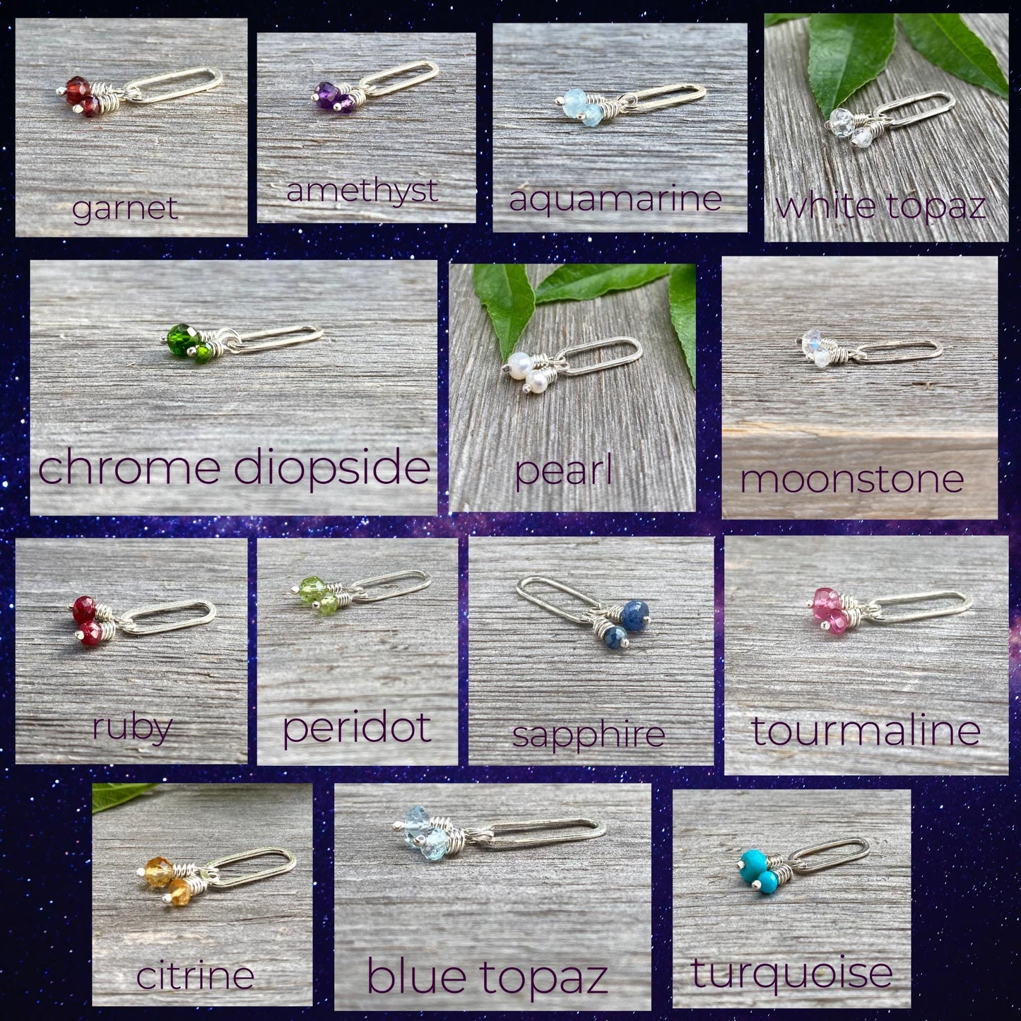 Beaded Birthstone Charm, Sterling Silver Handcrafted Paperclip Style with Wire Wrapped Gemstones, Slide on Chain Choose your Birthday Month