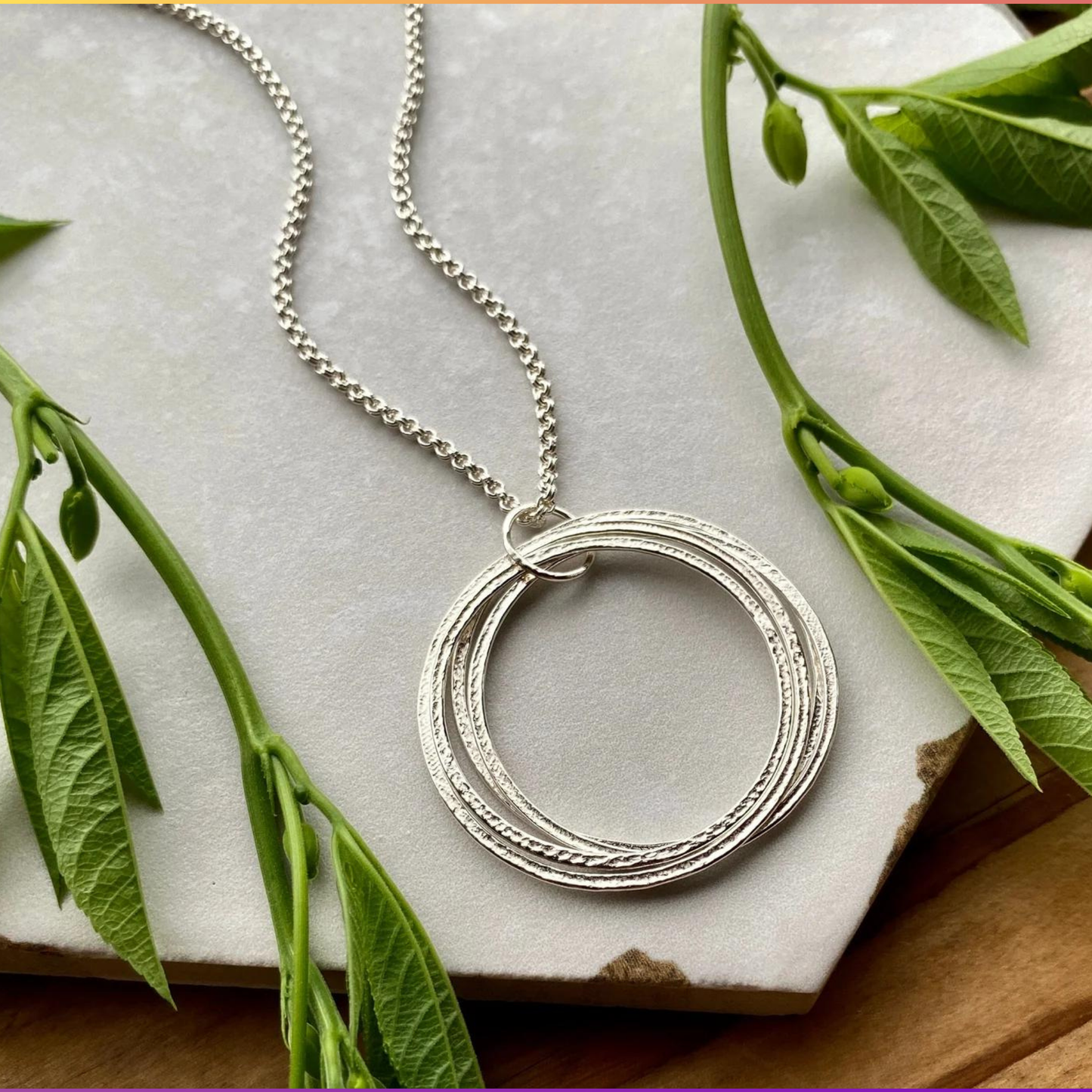 large Sterling Silver 40th Birthday Necklace Gift for Woman Turning Forty with 4 rings for 4 decades with birthstones