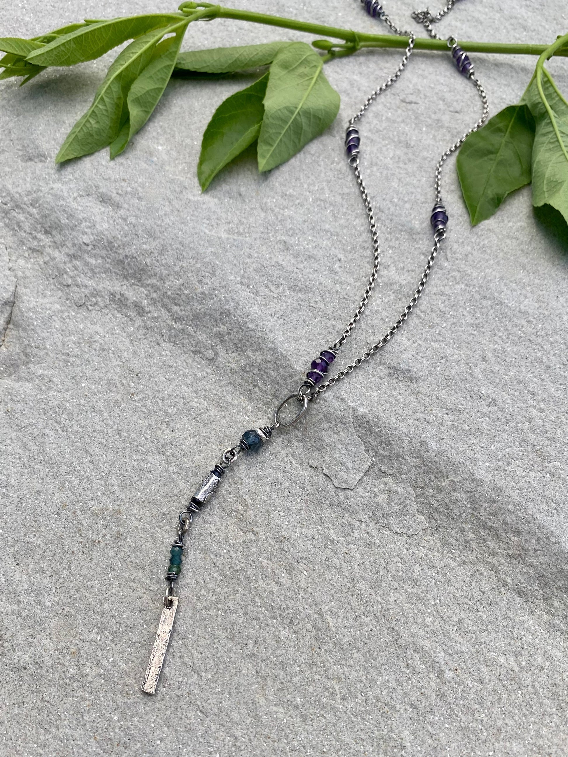 rustic silver long drop gemstone pendant