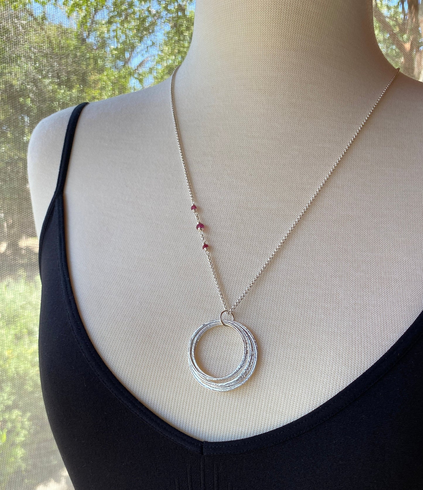 60th Birthday Milestone Necklace with Birthstones, Bold Handcrafted Sterling Silver Sparkly Circles Six Rings for 6 Decades Pendant