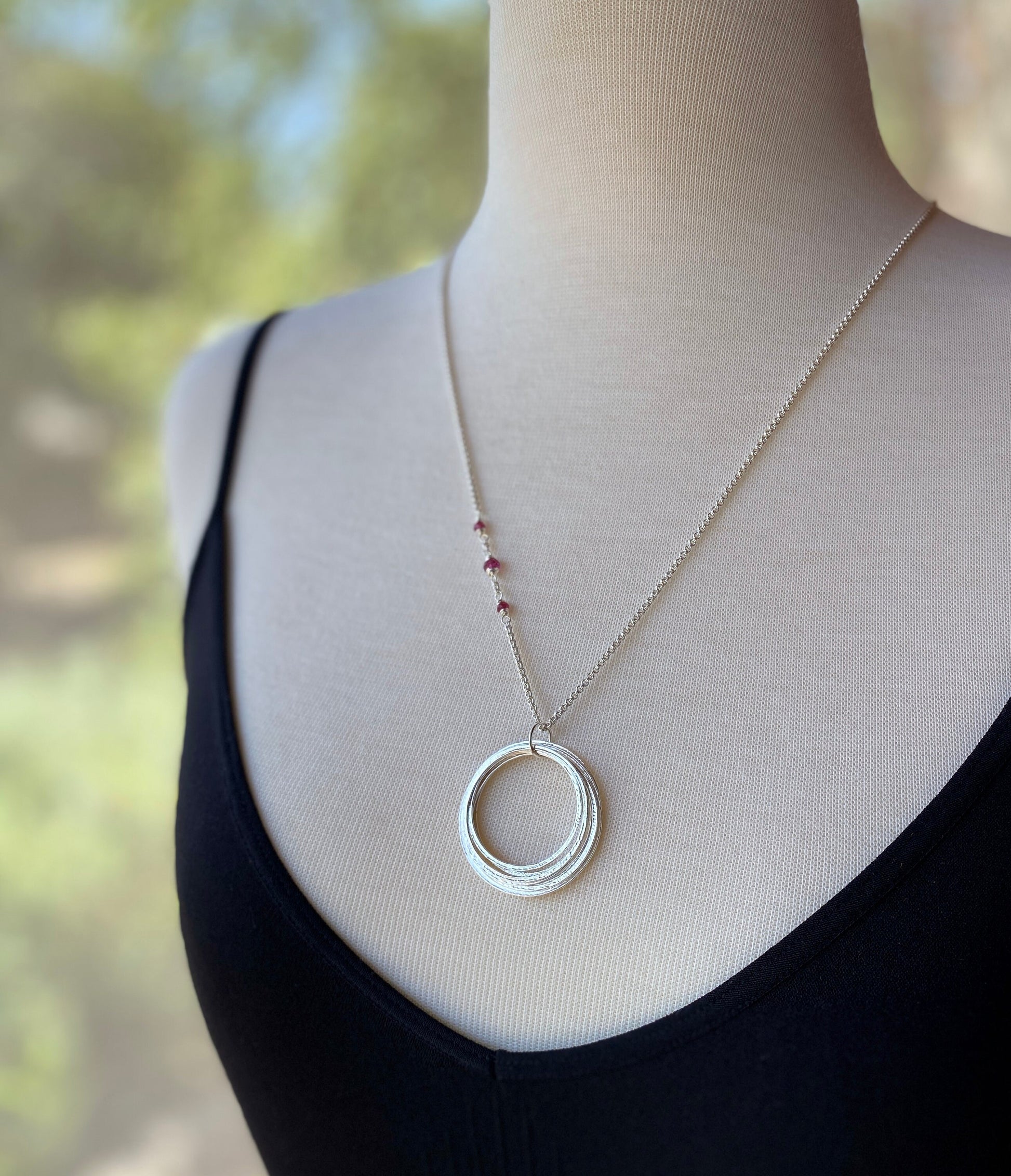 80th Birthday Milestone Necklace with Birthstones, Bold Handcrafted Sterling Silver Sparkly Circles Eight Rings for 8 Decades Pendant