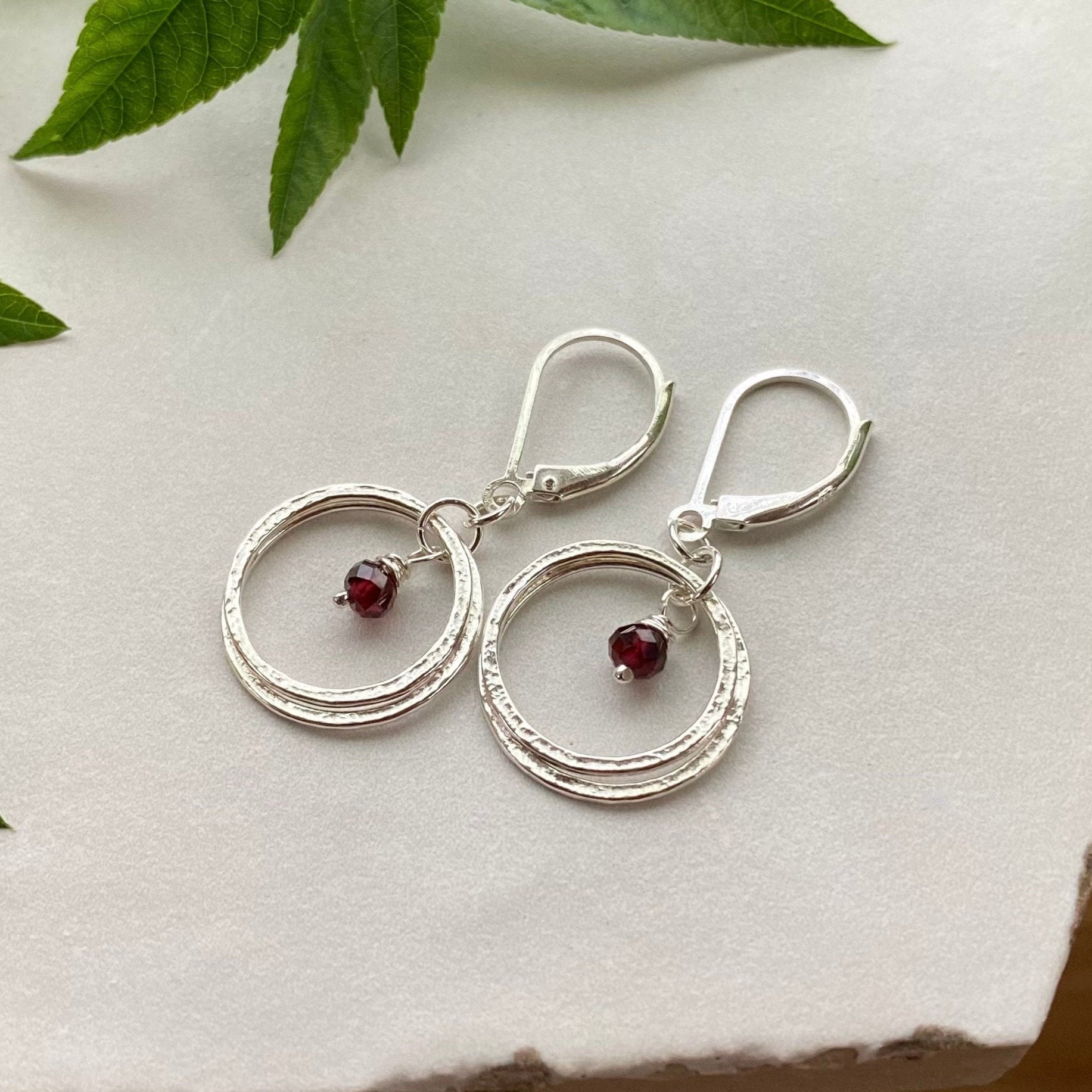 Sterling Silver Sparkly Textured Double Hoop Earrings with Birthstones, 5/8" Circle Dangle Drop Minimalist Style, Elegant Birthday Gift