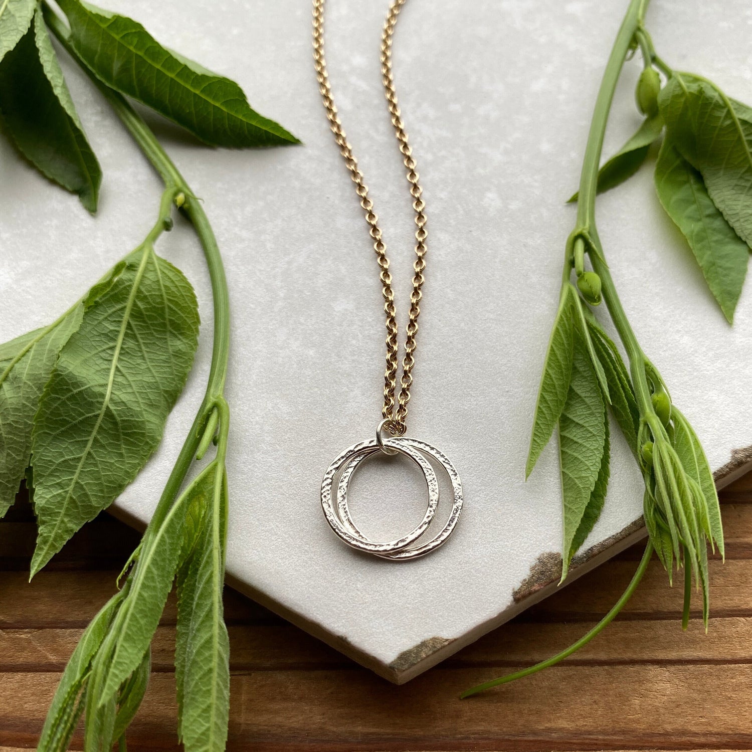 Handcrafted 20th Birthday Minimalist Mixed Metal Milestone Layered Two Circle Necklace, Perfectly Imperfect 2 Rings for 2 Decades