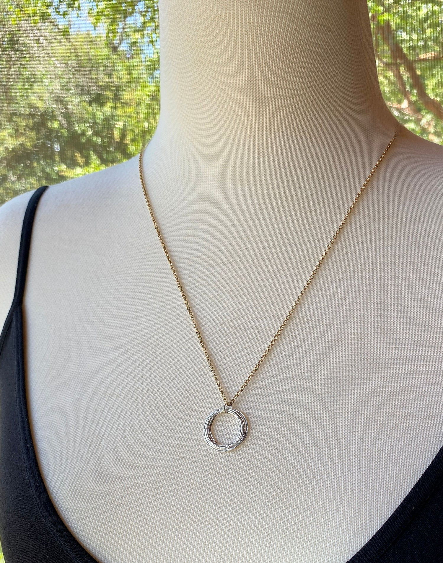 Handcrafted 40th Birthday Mixed Metal Minimalist Milestone Layered Four Circle Necklace, Perfectly Imperfect 4 Rings for 4 Decades