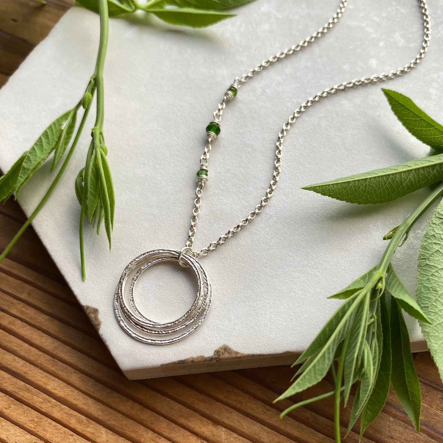 40th Milestone Mid Size Birthday Necklace with Birthstones, Sterling Silver Sparkly Circles 4 Rings for 4 Decades, 40th Birthday Ideas