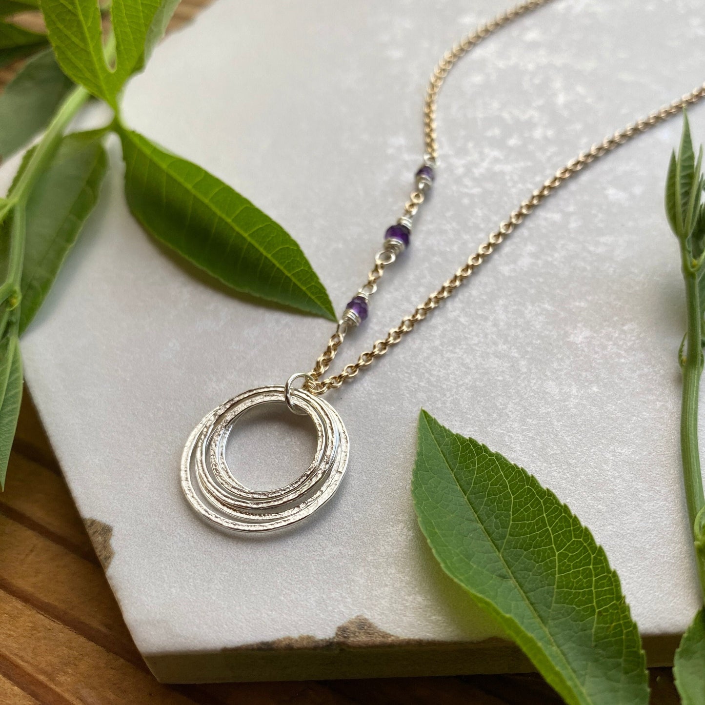 5 Circle 50th Mixed Metal Minimalist Milestone Birthday Necklace with Birthstones, 5 Rings for 5 Decades Silver 5 Circles Pendant on Gold