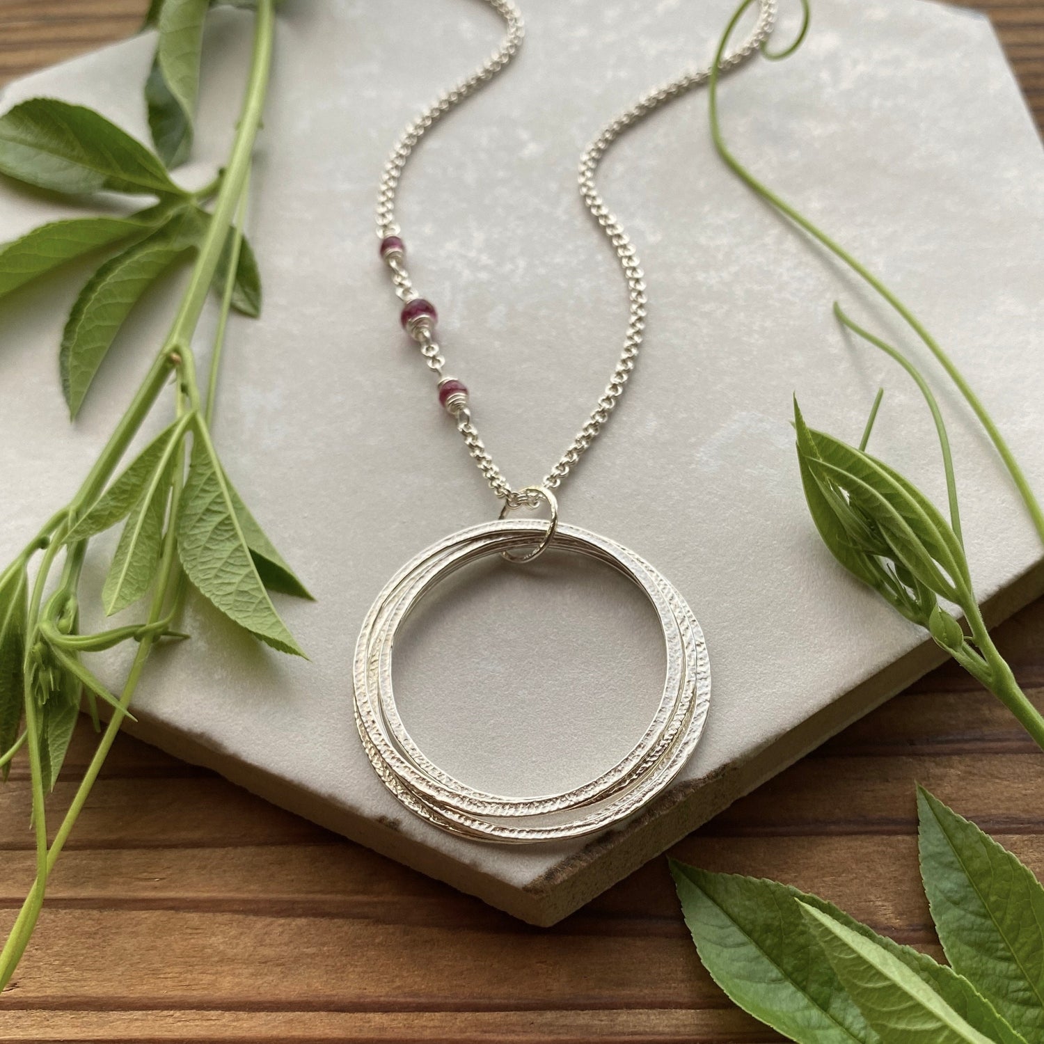 50th Birthday Milestone Necklace with Birthstones, Bold Handcrafted Sterling Silver Sparkly Circles Five Rings for 5 Decades Pendant