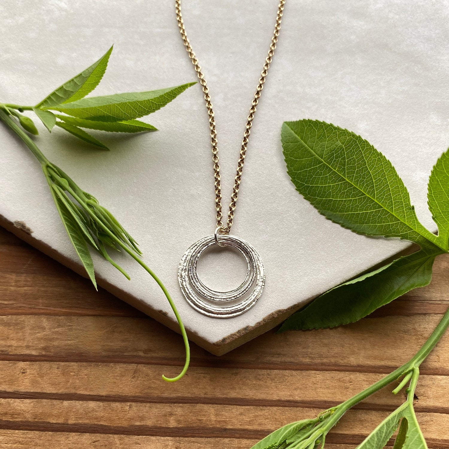 Six Circle 60th Minimalist Mixed Metal Milestone Birthday Necklace, 6 Rings for 6 Decades Handcrafted Perfectly Imperfect 6 Circle Pendant