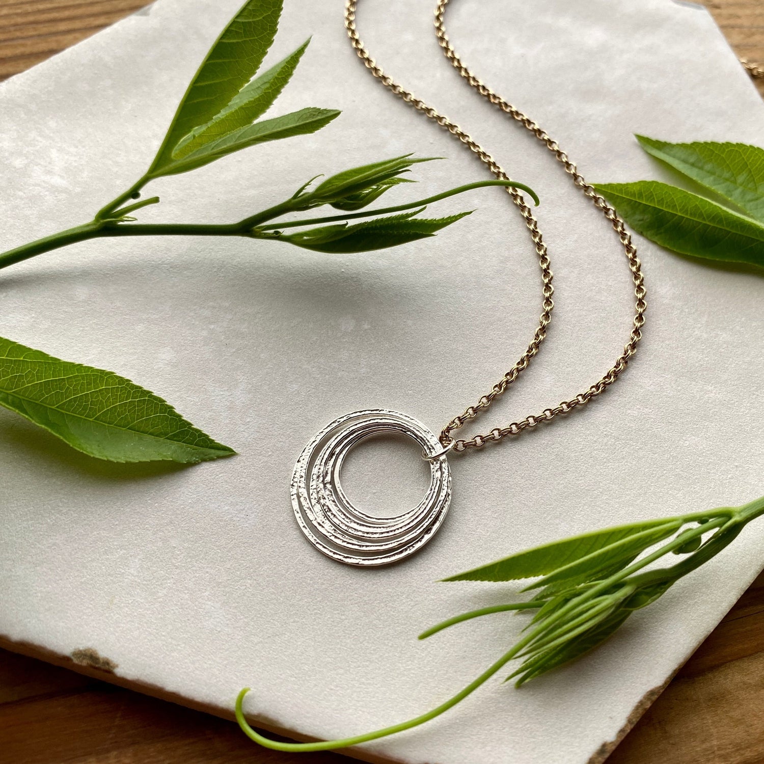 Six Circle 60th Minimalist Mixed Metal Milestone Birthday Necklace, 6 Rings for 6 Decades Handcrafted Perfectly Imperfect 6 Circle Pendant