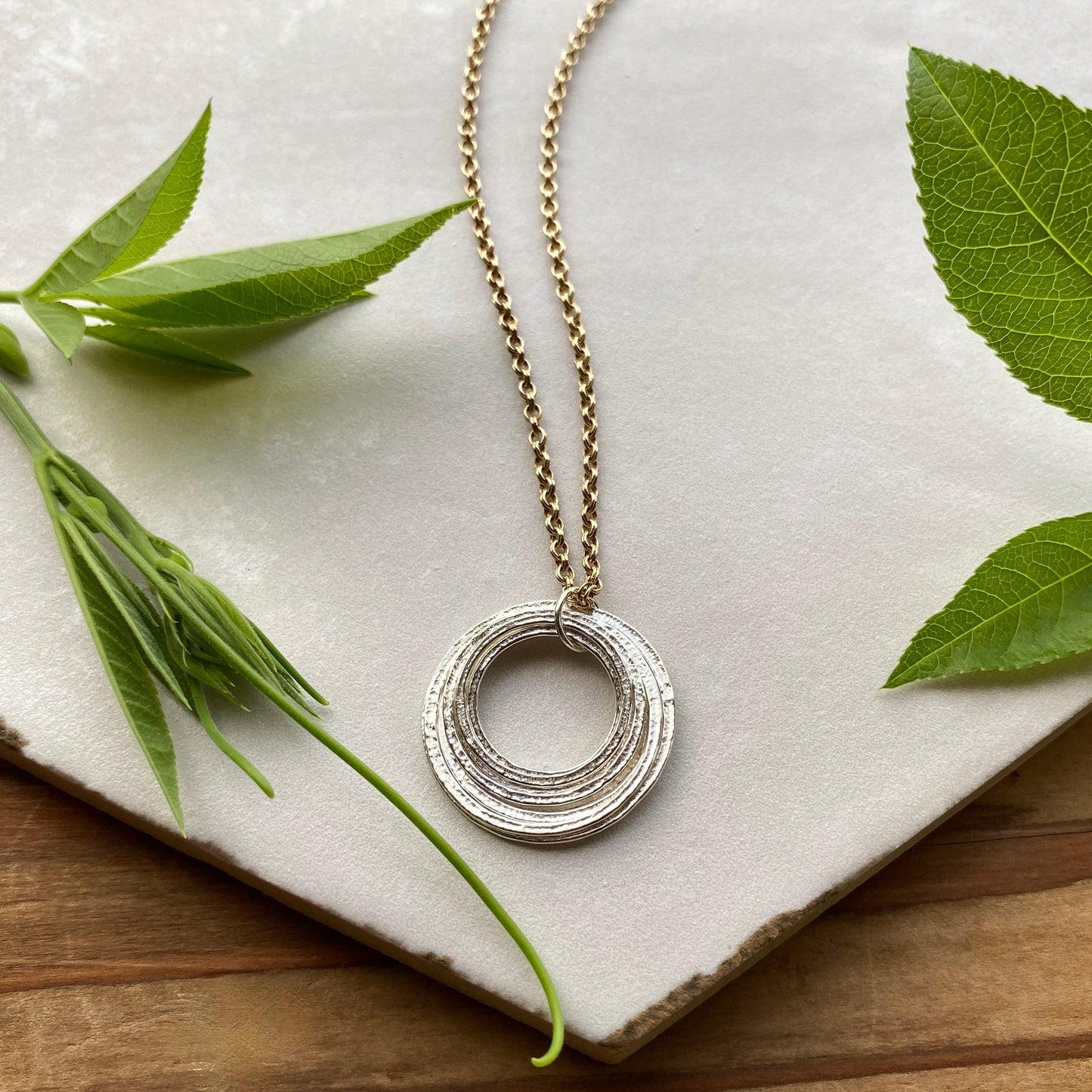 8 Circle 80th Minimalist Mixed Metal Milestone Birthday Necklace, Seven Rings for 8 Decades Handcrafted Perfectly Imperfect 8 Circle Pendant