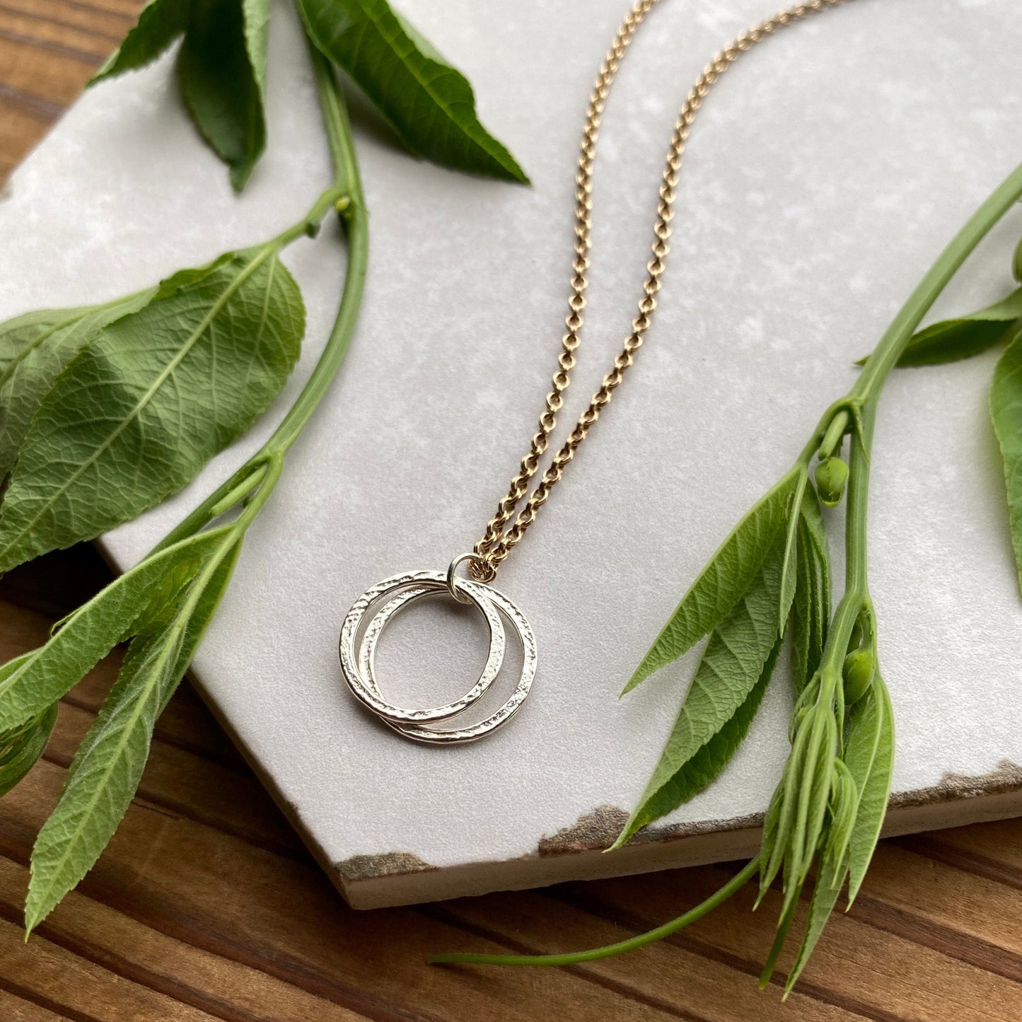 Handcrafted 20th Birthday Minimalist Mixed Metal Milestone Layered Two Circle Necklace, Perfectly Imperfect 2 Rings for 2 Decades