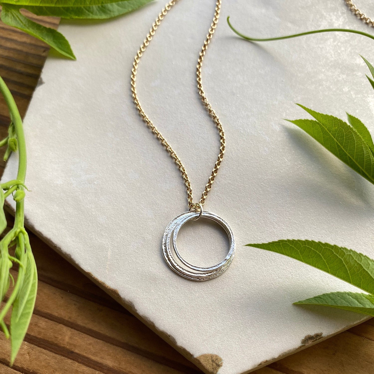 30th Mixed Metal Mid Size Milestone Birthday Necklace, Handcrafted Perfectly Imperfect Sterling Silver Sparkly Circles Pendant on Gold Chain