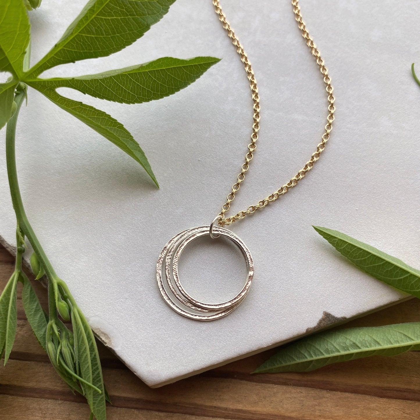 30th Mixed Metal Mid Size Milestone Birthday Necklace, Handcrafted Perfectly Imperfect Sterling Silver Sparkly Circles Pendant on Gold Chain