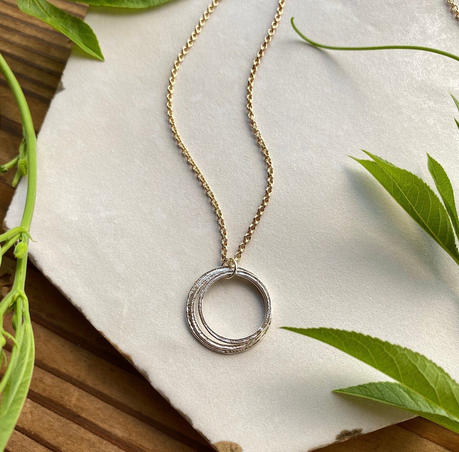 30th Mixed Metal Mid Size Milestone Birthday Necklace, Handcrafted Perfectly Imperfect Sterling Silver Sparkly Circles Pendant on Gold Chain