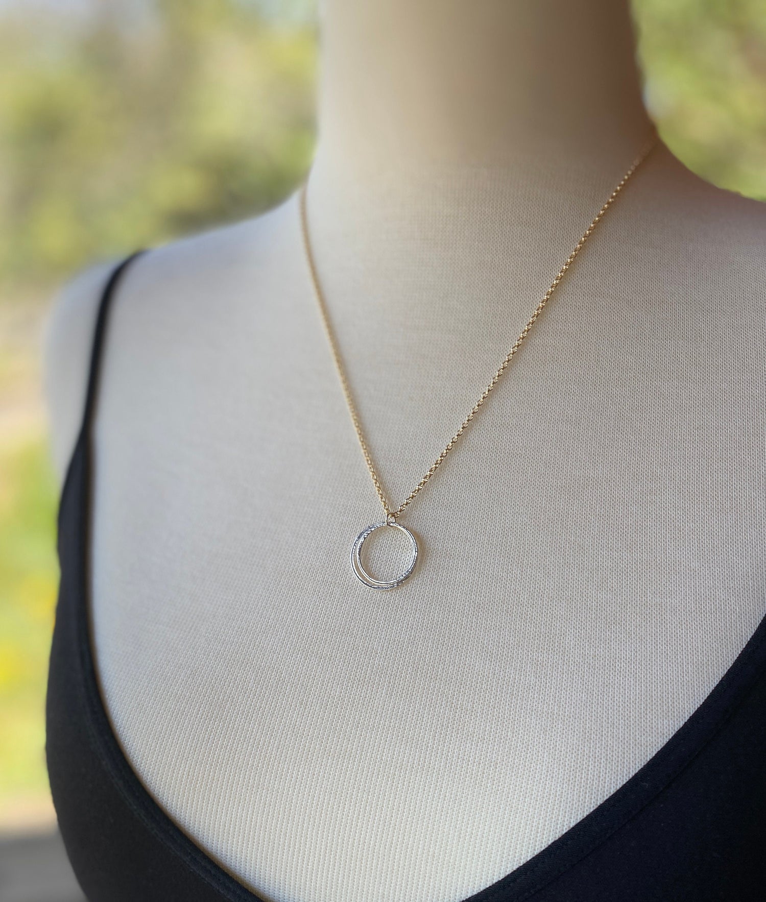 30th Mixed Metal Mid Size Milestone Birthday Necklace, Handcrafted Perfectly Imperfect Sterling Silver Sparkly Circles Pendant on Gold Chain