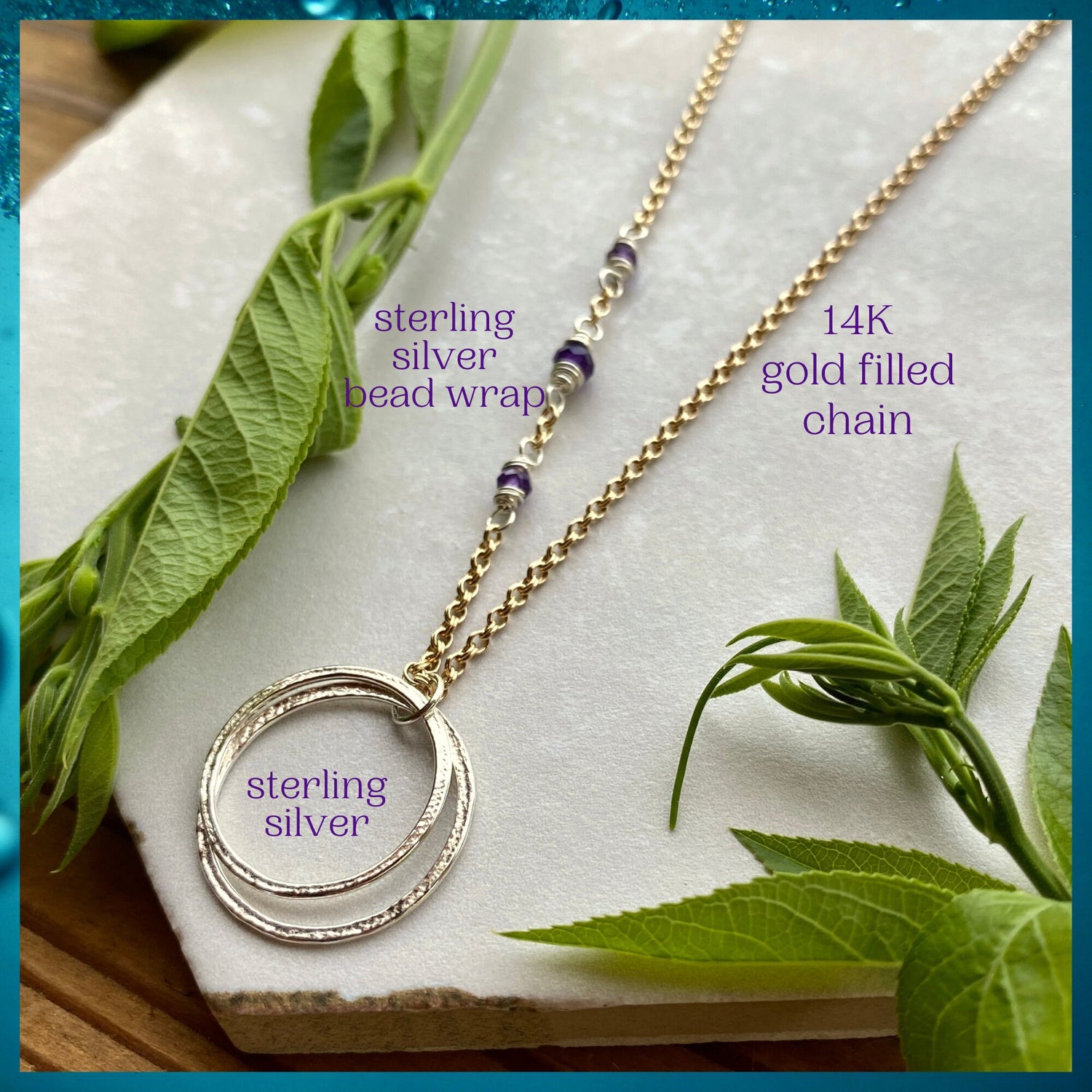 20th Birthday Mid Size Necklace with Birthstones, Mixed Metal Sparkly Circles 2 Rings for 2 Decades Elegant Milestone, Sisters Friends Love