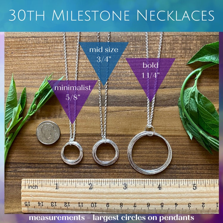 30th Milestone Mid Size Birthday Necklace with Birthstones, Sterling Silver Sparkly Circles 3 Rings for 3 Decades, 30th Birthday Ideas