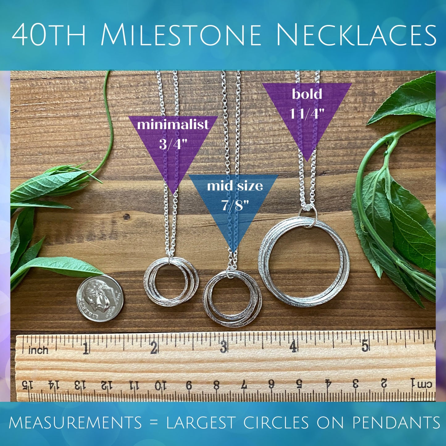 40th Birthday Mid Size Necklace with Birthstones, Mixed Metal Sparkly Circles 4 Rings for 4 Decades Elegant Milestone, 4 Friends Sisters