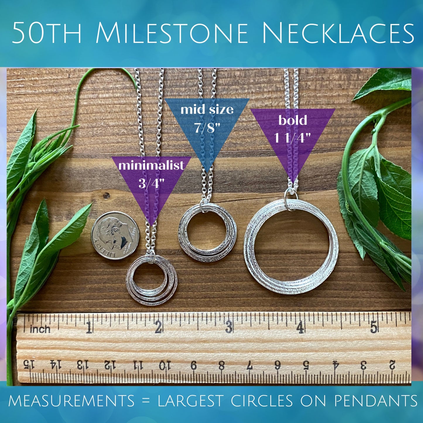 Five Circle 50th Minimalist Milestone Birthday Necklace, Sterling Silver 5 Rings for 5 Decades Handcrafted Perfectly Imperfect Pendant