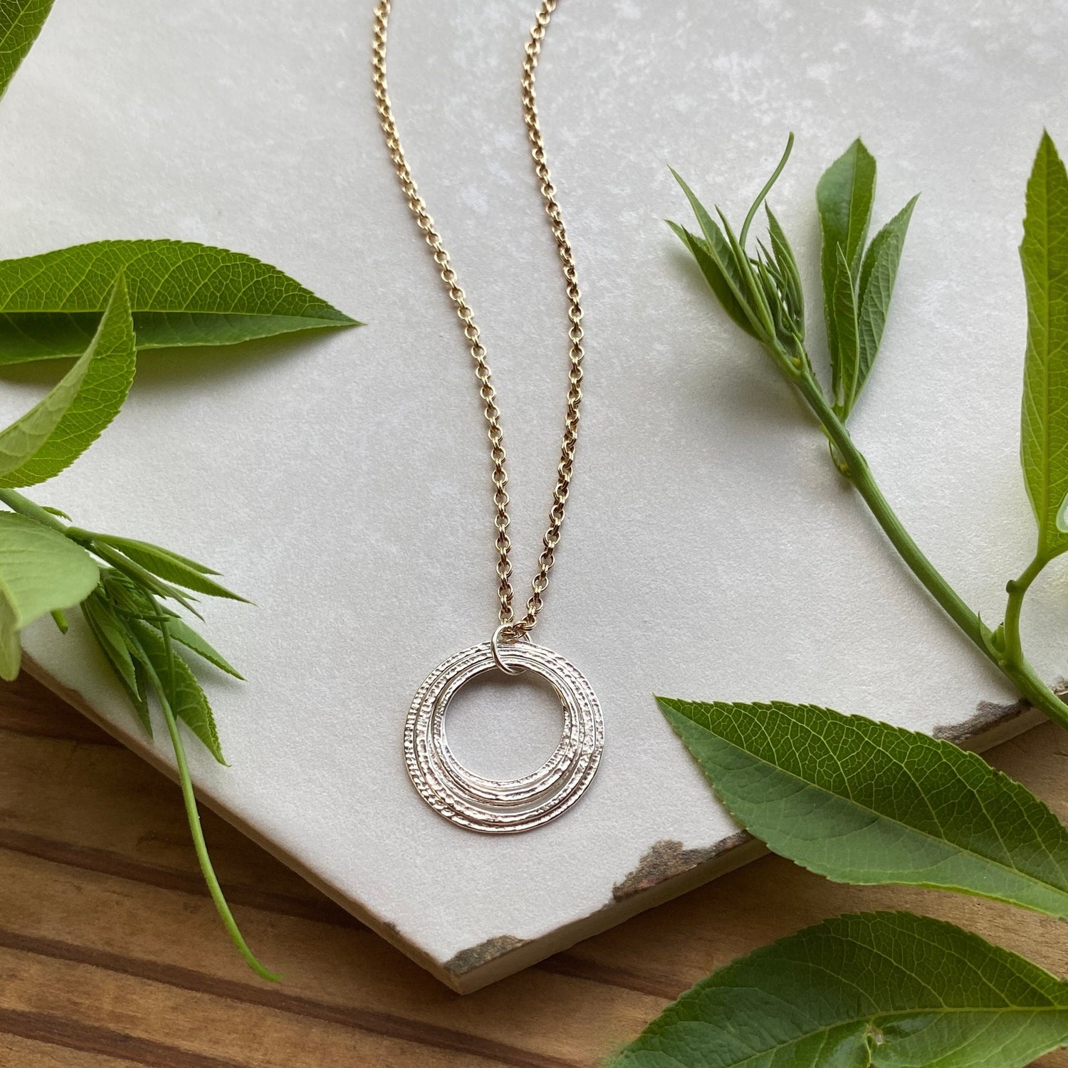 Five Circle 50th Minimalist Mixed Metal Milestone Birthday Necklace, 5 Rings for 5 Decades Handcrafted Perfectly Imperfect 5 Circle Pendant