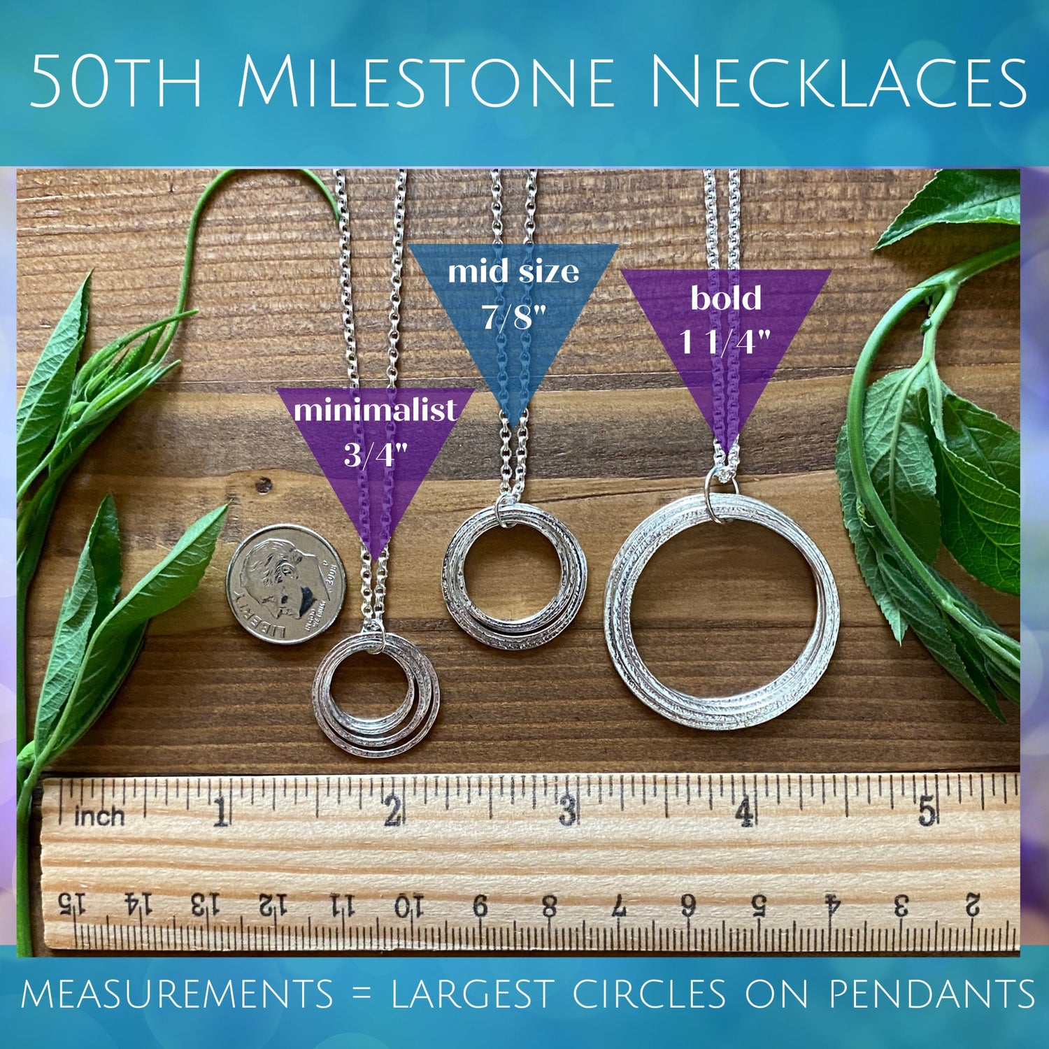 5 Circle 50th Mixed Metal Minimalist Milestone Birthday Necklace with Birthstones, 5 Rings for 5 Decades Silver 5 Circles Pendant on Gold