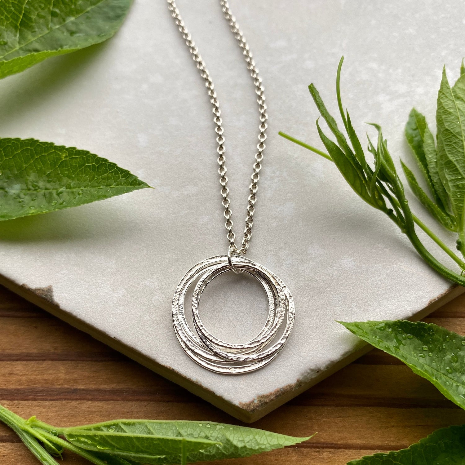 50th Milestone Birthday Necklace, Mid Size Sterling Silver 5 Rings for 5 Decades, Perfectly Imperfect Sparkly Five Circles Pendant
